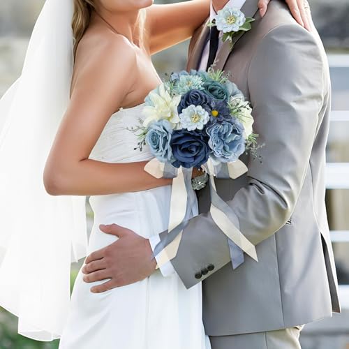 Product: Dusty Blue Bride Bouquet & Bridesmaid Bouquets Set of 2 for Wedding Artificial Roses Flowers Wedding Flowers Bouquets for Bride Bridesmaids Marriage Proposal Party Church Decoration