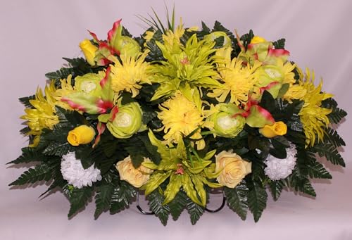 Product: Hshan Yellow Flowers Cemetery Flower Arrangement, Beautiful Cemetery Saddle for Headstone Graves Memorial Day Tombstone