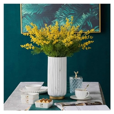 Product: Fake Flower Fake Flower Artificial Yellow Acacia Flowers Mimosa Plush Silk Flower Fake Flower Vase Set Home Wedding Party Table Weddin(A Vase+flower)