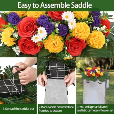Silky Flower Store Artificial Cemetery Flowers with Vase, Headstone Saddle, Red Rose Yellow Carnation Memorial Décor, 28 x 11 in 9 9 Product: 3 Sets Artificial Cemetery Flowers for Grave, Realistic Cemetery Flowers with Vase, Headstone Flower Saddle, Rose Carnation Flowers for Memorial Cemetery Grave Tombstone Decorations