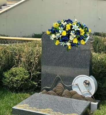 Product: Jucgghk Vivid and Realistic Floral Art 30" Artificial Cemetery Flowers,Realistic Vibrant Flowers, Outdoor Grave Decorations for Headstone(Yellow,Blue)