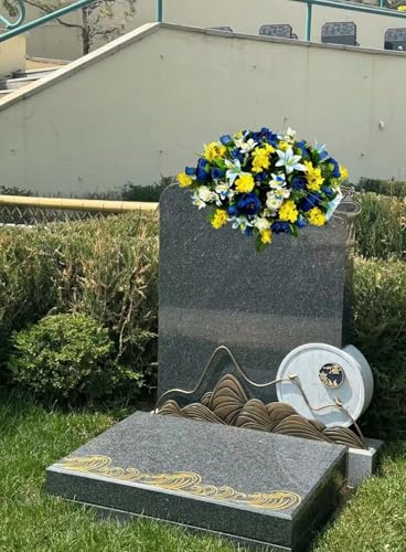 Product: Jucgghk Vivid and Realistic Floral Art 30" Artificial Cemetery Flowers,Realistic Vibrant Flowers, Outdoor Grave Decorations for Headstone(Yellow,Blue)