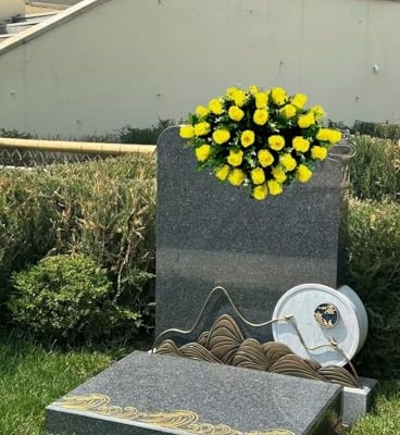 Product: Jucgghk Vivid and Realistic Floral Art 28" Yellow Roses Artificial Flowers, Fake Headstone Saddle, Sympathy Floral Arrangements for Outdoor Gravestone Decorations