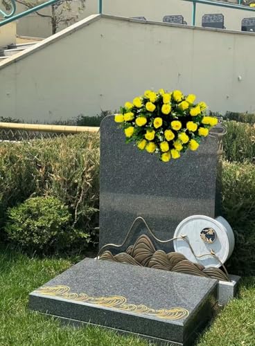 Product: Jucgghk Vivid and Realistic Floral Art 28" Yellow Roses Artificial Flowers, Fake Headstone Saddle, Sympathy Floral Arrangements for Outdoor Gravestone Decorations