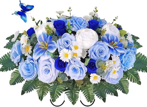 Product: Lifelike Blue Tulip And Rose Saddle-shaped Flowers, Artificial Cemetery Flowers, Suitable For Outdoor Cemetery Gravestones Saddle Tablet Decoration Arrangement Garland for Table Centerpiece Holiday Pa