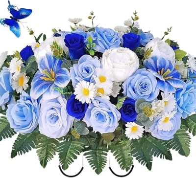 Product: Lifelike Blue Tulip And Rose Saddle-shaped Flowers, Artificial Cemetery Flowers, Suitable For Outdoor Cemetery Gravestones Saddle Tablet Decoration Arrangement Garland for Table Centerpiece Holiday Pa