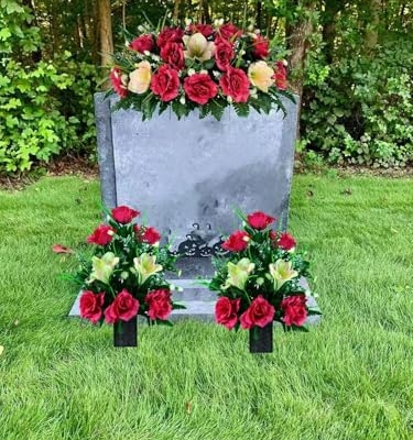 Product: Vivid and Realistic Floral Art Cream Pink Amaryllis and Fuchsia Rose Cemetery Saddle and Flowers,Mothers Day Artificial Flowers for Headstone(NO VASE)