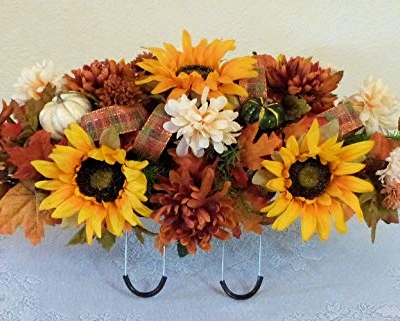 Product: Silk Florals & Frills Fall Cemetery Saddle with Pumpkins and Sunflowers, Fall Grave Headstone Flowers