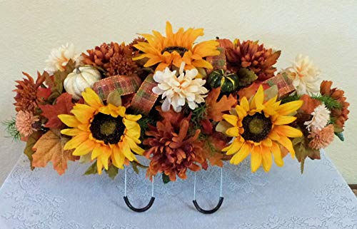 Silk Florals & Frills Fall Cemetery Saddle with Pumpkins and Sunflowers, Fall Grave Headstone Flowers - Artificial Flower Arrangements Product: Silk Florals & Frills Fall Cemetery Saddle with Pumpkins and Sunflowers, Fall Grave Headstone Flowers