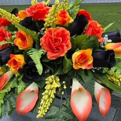 Product: Black Headstone Saddle, Orange Grave Flowers Cone Set for Memorial Decoration for a Motorcycle Biker Garland for Table Centerpiece Holiday Party Weddi