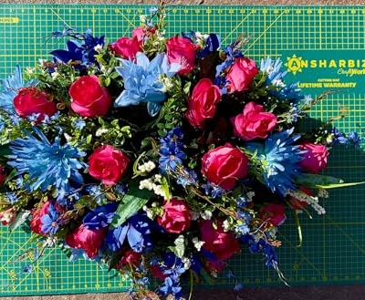 Product: Jucgghk Vivid and Realistic Floral Art Pink and Blues Cemetery Headstone Flower Saddle,Artificial Rose Cemetery Memorial Flowers for Outdoor Tombstone Headstone Decorations