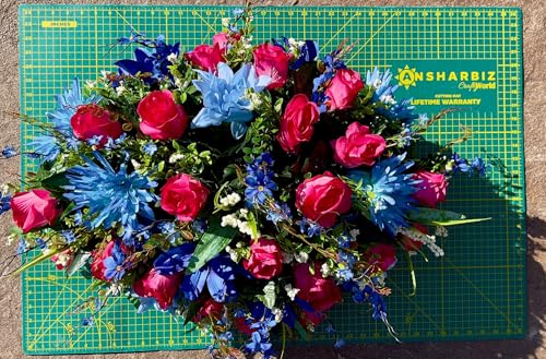 Product: Jucgghk Vivid and Realistic Floral Art Pink and Blues Cemetery Headstone Flower Saddle,Artificial Rose Cemetery Memorial Flowers for Outdoor Tombstone Headstone Decorations