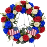 Product: Saxili Cemetery Wreaths, Memorial Day Grave Wreath with 30 inch Easel Stand,Headstone Wreath Flower with Gravestone Hanger-Artificial Blue/White Rose and Red Carnation,2 Flags Included