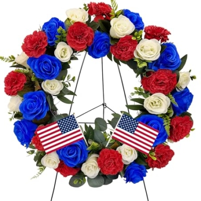 Product: Saxili Cemetery Wreaths, Memorial Day Grave Wreath with 30 inch Easel Stand,Headstone Wreath Flower with Gravestone Hanger-Artificial Blue/White Rose and Red Carnation,2 Flags Included