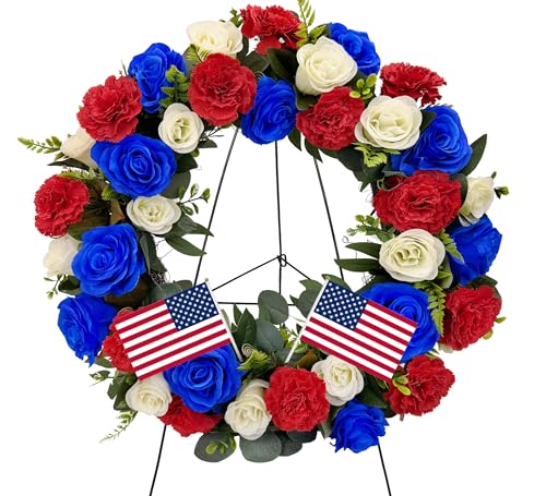 Saxili Cemetery Wreaths, Memorial Day Grave Wreath with 30 inch Easel Stand,Headstone Wreath Flower with Gravestone Hanger-Artificial Blue/White Rose and Red Carnation,2 Flags Included - Artificial Flower Arrangements Product: Saxili Cemetery Wreaths, Memorial Day Grave Wreath with 30 inch Easel Stand,Headstone Wreath Flower with Gravestone Hanger-Artificial Blue/White Rose and Red Carnation,2 Flags Included
