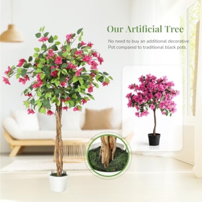 Product: Bougainvillea Artificial Tree, Faux Floor Plant with Pot, 4ft Tall Fake Tropical Tree for Indoor Outdoor Decor