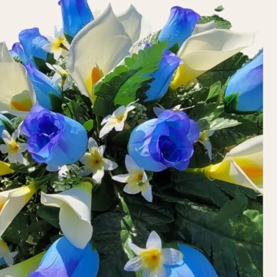 Silky Flower Store Baby Blue Rosebuds Cemetery Saddle, Cream Calla Lilies Grave Cone, Silk Headstone Flowers, 32x24x8in 5 5 Product: Baby Blue Rosebuds Headstone Saddle and Cemetery Cone, Cream Calla Lilies Silk Grave Flowers for Commemorating Cemetery Garland for Table Centerpiece Holiday Party Weddi