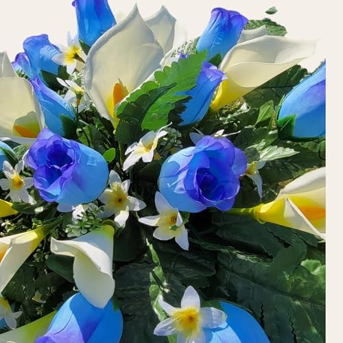 Silky Flower Store Baby Blue Rosebuds Cemetery Saddle, Cream Calla Lilies Grave Cone, Silk Headstone Flowers, 32x24x8in 1 1 Product: Baby Blue Rosebuds Headstone Saddle and Cemetery Cone, Cream Calla Lilies Silk Grave Flowers for Commemorating Cemetery Garland for Table Centerpiece Holiday Party Weddi