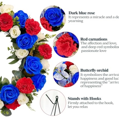 Silky Flower Store Cemetery Wreath, Memorial Day Grave Wreath, Blue White Rose Red Carnation, 2 Flags, 30 Inch Easel Stand, 30 inch 13 13 Product: Saxili Cemetery Wreaths, Memorial Day Grave Wreath with 30 inch Easel Stand,Headstone Wreath Flower with Gravestone Hanger-Artificial Blue/White Rose and Red Carnation,2 Flags Included