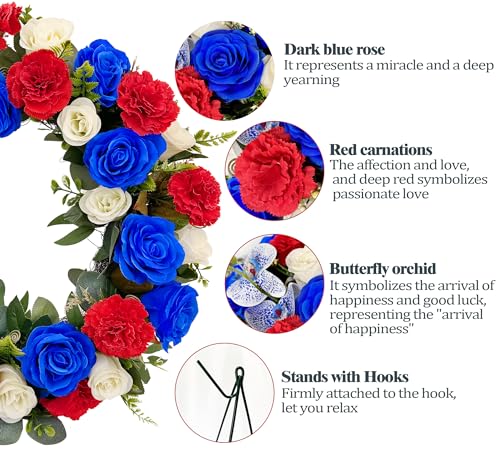 Silky Flower Store Cemetery Wreath, Memorial Day Grave Wreath, Blue White Rose Red Carnation, 2 Flags, 30 Inch Easel Stand, 30 inch 4 4 Product: Saxili Cemetery Wreaths, Memorial Day Grave Wreath with 30 inch Easel Stand,Headstone Wreath Flower with Gravestone Hanger-Artificial Blue/White Rose and Red Carnation,2 Flags Included
