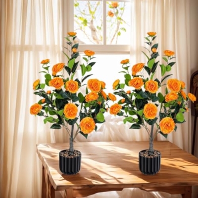 Product: Enhance Your Space with Lifelike Artificial Camellia Tree Set (2-Pack) – Vibrant Orange Blooms, Greenery in Pot for Indoor/Outdoor Decor, Modern Office & Home Accents