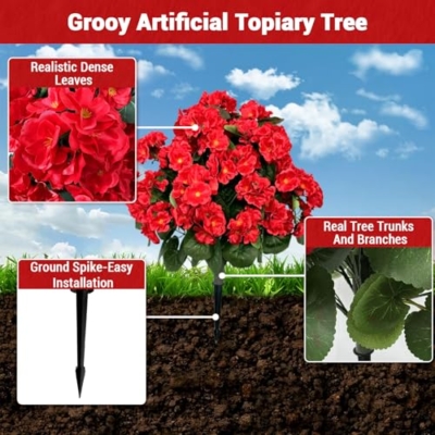 Product: Fuhomtre 2PCS Artificial Begonias Bush with Ground Spike, 24Inch Artificial Outdoor Bushes Evergreen UV Resistant Shrubs- for Outdoor Indoor Front Porch Garden (Red)