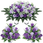 Product: LOSFOTBO 3pcs Headstone Flowers Saddle for Tombstone,Cemetery Flower Memorial Bouquet with Vase,Rose Headstone Flowers Saddle (Purple)