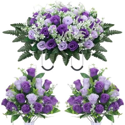 Product: LOSFOTBO 3pcs Headstone Flowers Saddle for Tombstone,Cemetery Flower Memorial Bouquet with Vase,Rose Headstone Flowers Saddle (Purple)