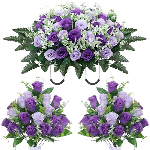 Product: LOSFOTBO 3pcs Headstone Flowers Saddle for Tombstone,Cemetery Flower Memorial Bouquet with Vase,Rose Headstone Flowers Saddle (Purple)