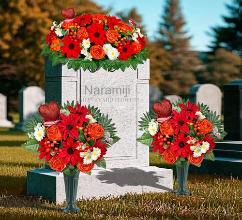 Product: Naramiji Artificial Cemetery Flowers for Grave Vase - Headstone Flower Saddle - Sympathy Flower of Vibrant Rose Sunflower Daisy Berry, Colorfast and Easy Fit
