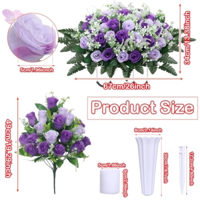 Product: LOSFOTBO 3pcs Headstone Flowers Saddle for Tombstone,Cemetery Flower Memorial Bouquet with Vase,Rose Headstone Flowers Saddle (Purple)