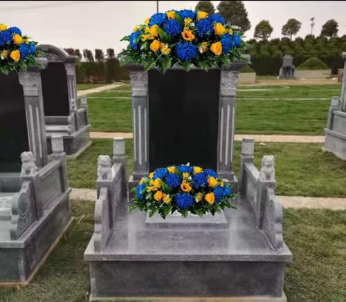 Product: Jucgghk Vivid and Realistic Floral Art Blue Mums and Yellow Roses Artificial Cemetery Saddle,Fathers Day Headstone Saddle for Headstone