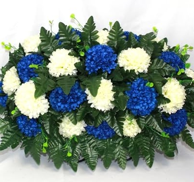 Product: Hshan Blue and Cream Carnations Cemetery Flower Arrangement, Beautiful Silk Artificial Flowers for Gravesite Cemetery Headstone Grave Decorations