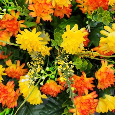 Product: Cemetery Saddle Memorial Decoration - Realistic Silk Faux Floral Artificial Grave Flowers - Orange Yellow Mini Mums for Headstone Decorating