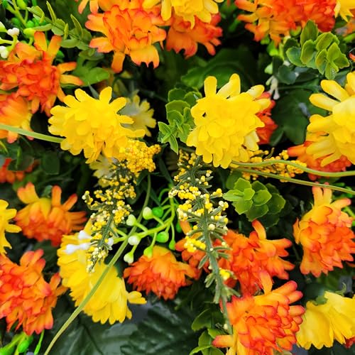 Product: Cemetery Saddle Memorial Decoration - Realistic Silk Faux Floral Artificial Grave Flowers - Orange Yellow Mini Mums for Headstone Decorating