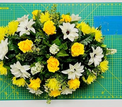 Product: Jucgghk Vivid and Realistic Floral Art Artificial Yellow and White Cemetery Saddle, Beautiful Headstone Saddle, Saddle, Sympathy Flowers for Grave Tombstone Decorations(Yellow)