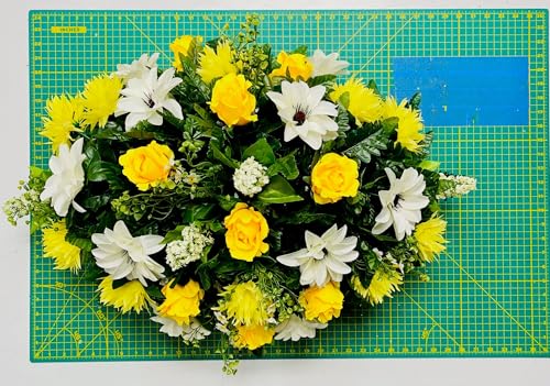 Product: Jucgghk Vivid and Realistic Floral Art Artificial Yellow and White Cemetery Saddle, Beautiful Headstone Saddle, Saddle, Sympathy Flowers for Grave Tombstone Decorations(Yellow)