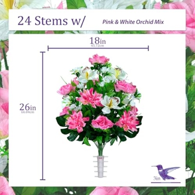 Product: Sympathy Silks Artificial Cemetery Flowers - Outdoor Grave Decorations - (1) Pink Dahlia Pink Rose with White Orchid Mix Bouquet
