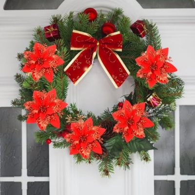 Product: SPORTYOUTH 3ft x 50ft Fence Privacy Screen Green and 30 Pcs Red Poinsettia Artificial Christmas Flowers with Clips Stems
