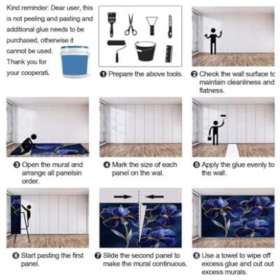 Product: Blue Iris Wall Mural Gold Trimmed Floral Mural Luxury Floral Wallpaper Vintage Dark Flower Murals Modern Themed Wall Art for Living Room Bedroom Kitchen 169.3" x 118.2"