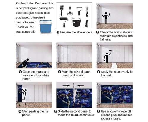 Product: Blue Iris Wall Mural Gold Trimmed Floral Mural Luxury Floral Wallpaper Vintage Dark Flower Murals Modern Themed Wall Art for Living Room Bedroom Kitchen 169.3" x 118.2"