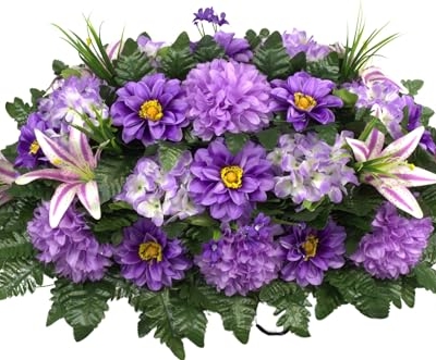 Product: Hshan Elegant Purple Fall Mixture Arrangement, Beautiful Cemetery Flowers for Remembrance Headstone Graves Memorial Day Tombstone