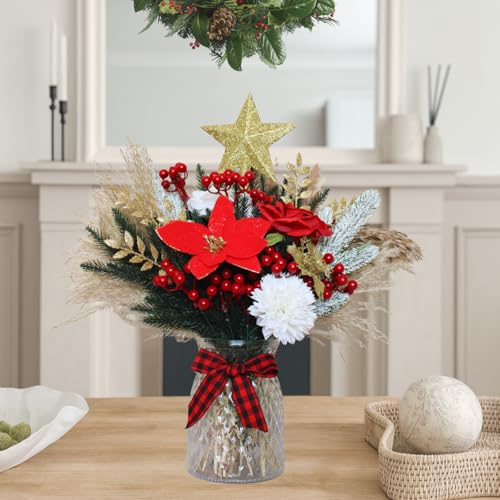Christmas Centerpieces for Tables, Holiday Table Decor, 100pcs Christmas Floral Arrangements in Vase, Xmas Decorations for Coffee Kitchen Dining Table, Artificial Poinsettia Red Berry Pine Branches - Artificial Flower Arrangements Product: Christmas Centerpieces for Tables, Holiday Table Decor, 100pcs Christmas Floral Arrangements in Vase, Xmas Decorations for Coffee Kitchen Dining Table, Artificial Poinsettia Red Berry Pine Branches