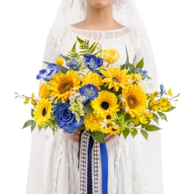 Product: TINGE TIME 13 InchWedding Bouquets for Bride,Bridal Bouquet for Bride, Artificial Silk Sunflowers for Graduation Bouquet, Fake Flowers for Wedding Ceremony and Anniversary (Sunflower&RoyalBlue)