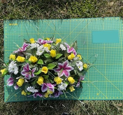 Product: Jucgghk Vivid and Realistic Floral Art Artificial Cemetery Flowers Saddle,Cemetery Grave Decoration Headstone Flower for Outdoor Grave Decorations (Purple White)