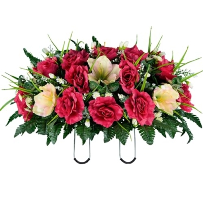 Product: Taozhiyuan Welcome Logo Flowers Cream Pink Amaryllis and Fuchsia Rose Cemetery Saddle and Flowers,Mothers Day Artificial Flowers for Headstone(NO VASE)