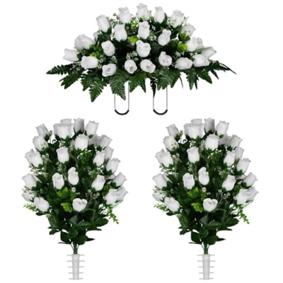 Product: Jucgghk Vivid and Realistic Floral Art White Rose Bud Cemetery Saddle and Flower Arrangement Set,Artificial Easter Cemetery Flowers, 1 Saddle and 2 Bouquets for Grave
