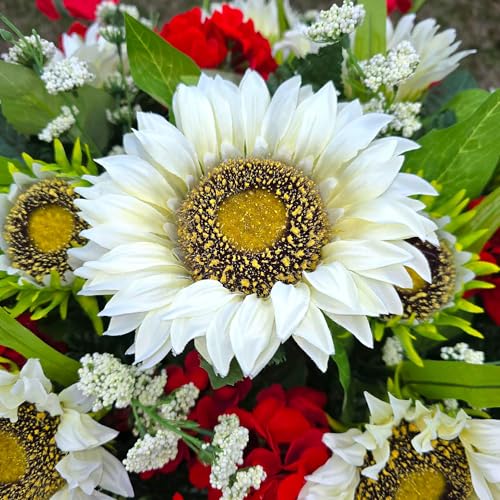 Product: Cream Sunflower Red Geranium Gladiolus Large Cemetery Saddle Memorial Decoration - Realistic Silk Faux Floral Artificial Grave Flowers for Headstone Decorating