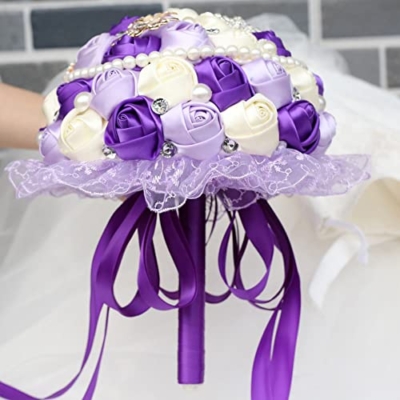 Product: Gkvszy Purple Bridal Wedding Bouquet with Rhinestone Brooch Pearl Bouquet for Bride Bridesmaid Quinceanera Satin Rose Flower Bouquet Wedding Purple and Lilac and Ivory 9.5in