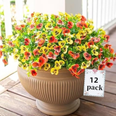 Product: Siganorpy 12 Bundles Artificial Flowers Outdoors Pansy Plants Fake Flowers Decor Eucalyptus Artificial Grass Shrubs Bushes UV Resistant Plastic Flowers Fern for Garden Porch Home (Red+Yellow)